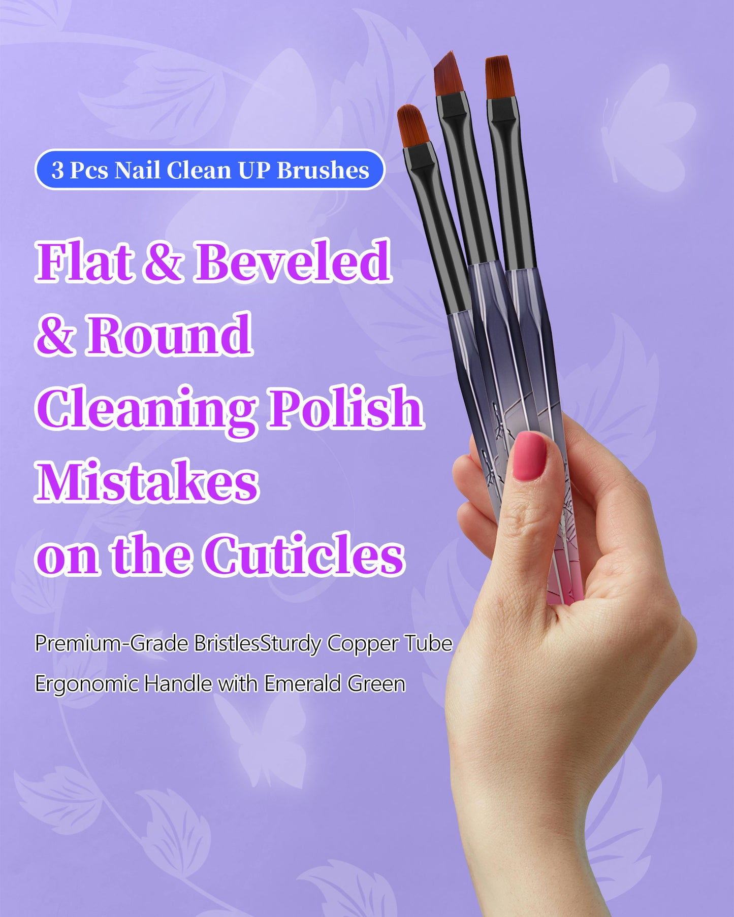 3PCS Nail Art Clean Up Brushes, AMilHiTon Round/Angled/flat Acetone Resistant Gel Nail Polish Remover Brush, Nail Brushes for Tidying Up Polish Mishaps on Cuticles, and Nail Art Designs