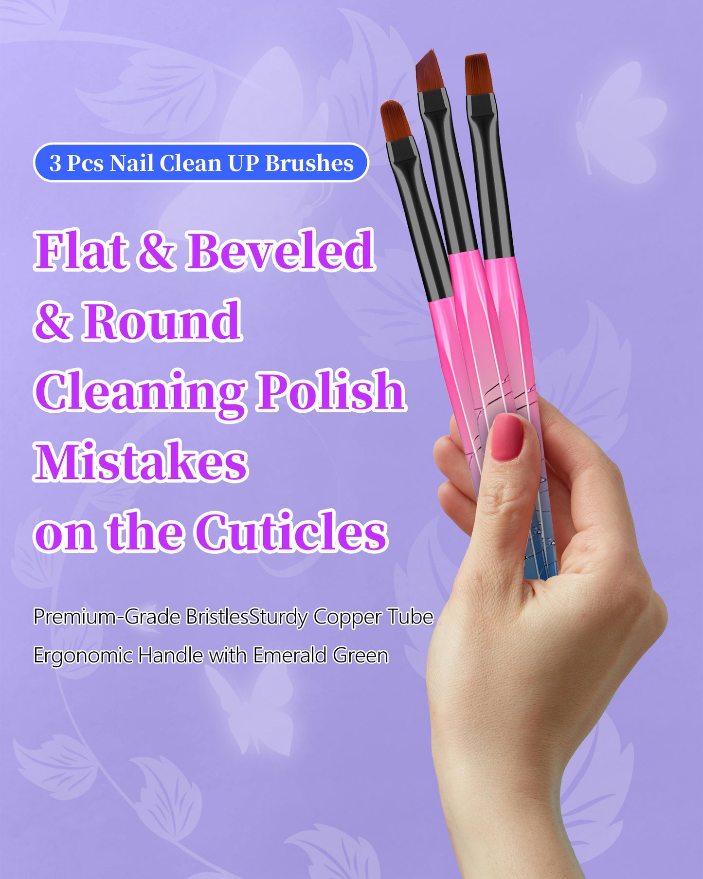 3PCS Nail Polish Clean Up Brush, Round&Falt&Angled Acetone Resistant Nail Brush for OPI Nail Polish Remover, Fingernail Cleaning Brushes at Home Nail Art and Designs(Gilded Pink Blue)