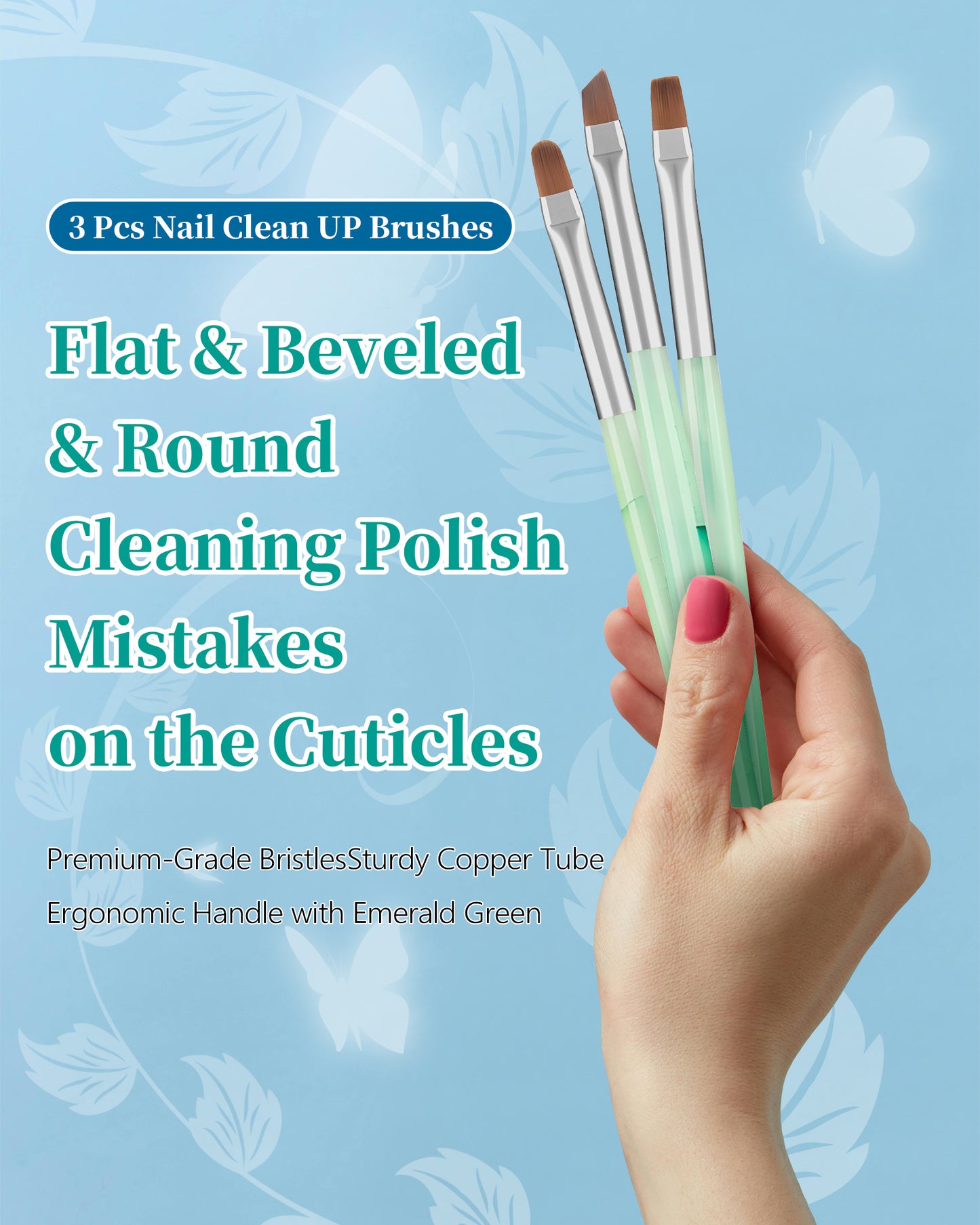 3PCS Nail Polish Clean Up Brush, Round&flat&Angled Acetone Resistant Nail Brush for OPI Nail Polish Remover, Fingernail Cleaning Brushes at Home Nail Art and Designs(Emerald Green)