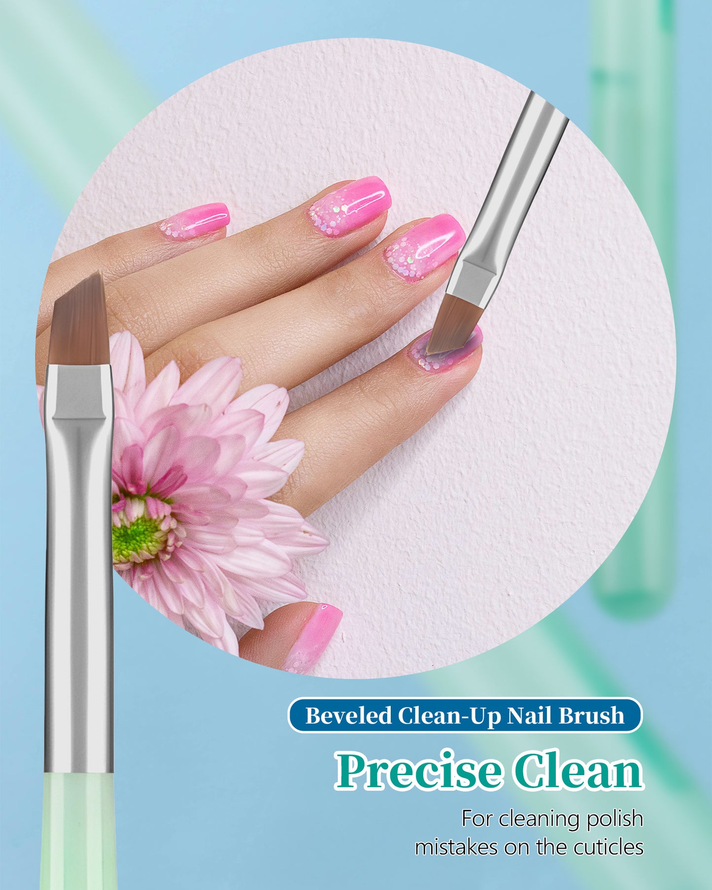 3PCS Nail Polish Clean Up Brush, Round&flat&Angled Acetone Resistant Nail Brush for OPI Nail Polish Remover, Fingernail Cleaning Brushes at Home Nail Art and Designs(Emerald Green)