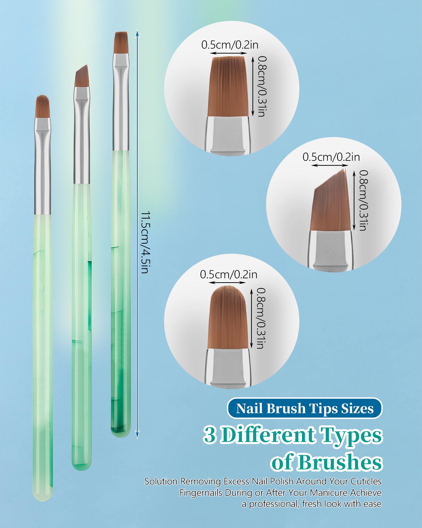 3PCS Nail Polish Clean Up Brush, Round&flat&Angled Acetone Resistant Nail Brush for OPI Nail Polish Remover, Fingernail Cleaning Brushes at Home Nail Art and Designs(Emerald Green)