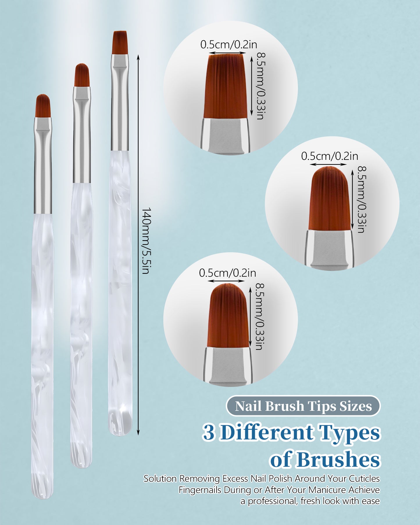 3PCS Nail Polish Clean Up Brush, Round&amp;Falt&amp;Angled Acetone Resistant Nail Brush for OPI Nail Polish Remover, Fingernail Cleaning Brushes at Home Nail Art and Designs(Calligraphy White) 